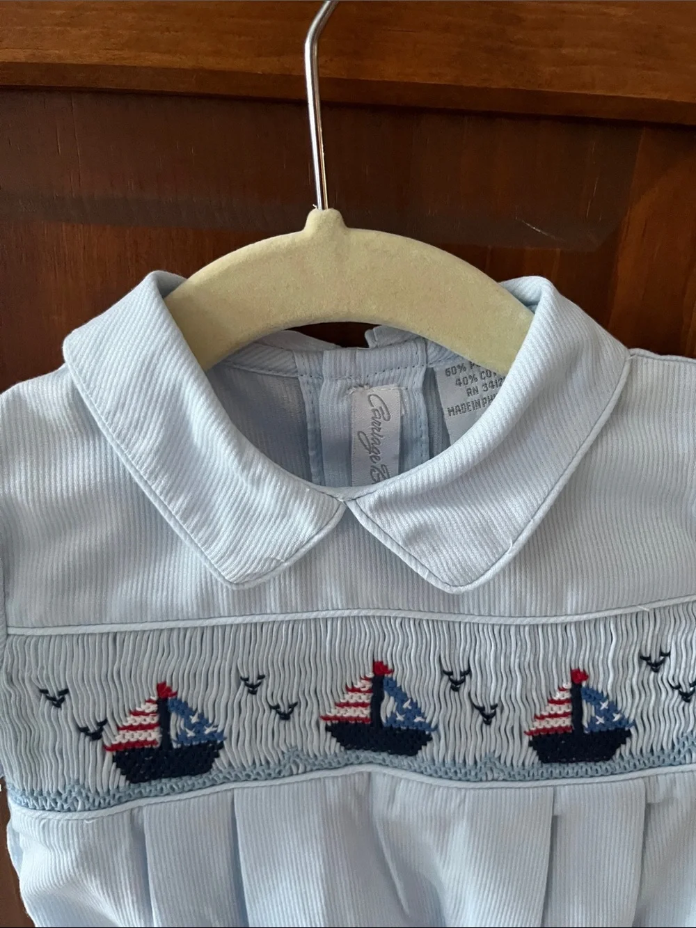 Carriage Boutique Light Blue Smocked Collar Dress with Nautical Embroidery